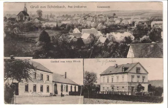 AK Schönbach (bei Großbothen): Schule, Gasthof Zum Roten Hirsch um 1910