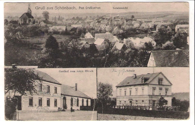 AK Schönbach (bei Großbothen): Schule, Gasthof Zum Roten Hirsch um 1910