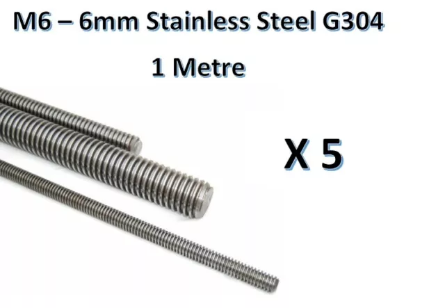 5 x Allthread M6 (6mm) x 1 Metre (1000mm) Stainless 304G Threaded Rod Bar DIY