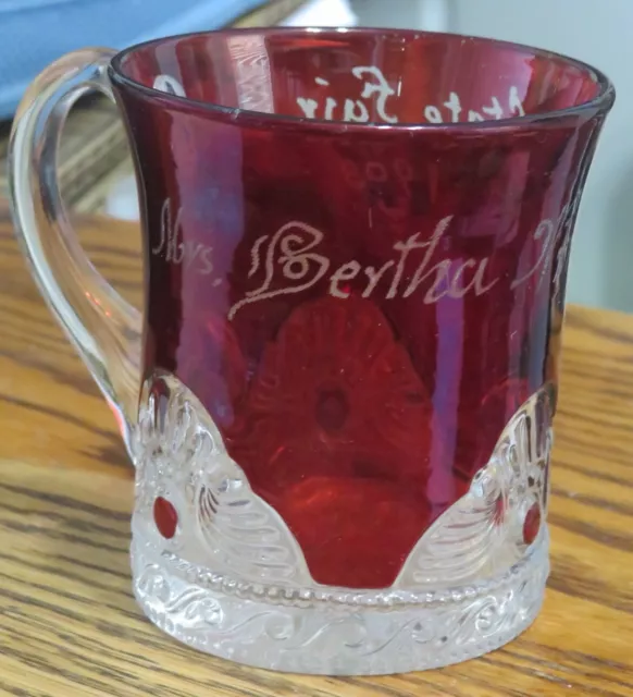 Ruby State Fair mug 1903 Bertha Wright EAPG lacy medallion pattern Missouri?