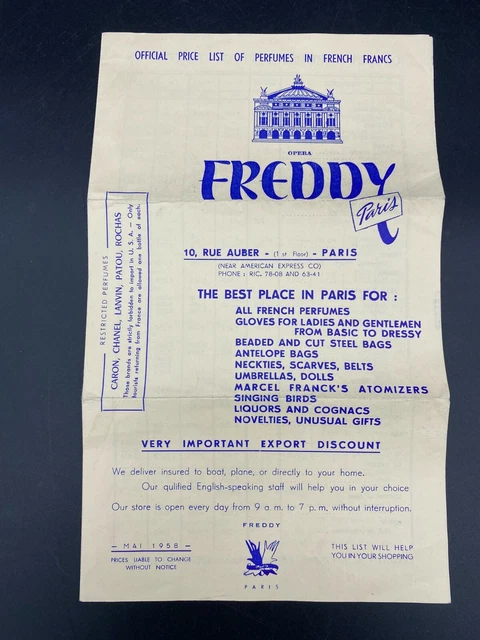 1958 Freddy Paris Perfume Parfuma Catalog with Prices Cardon Chanel Lanvin Dior