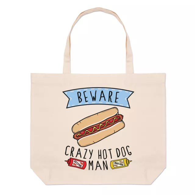 Beware Crazy Hot Dog Man Large Beach Tote Bag Fast Food Funny Joke Chilli