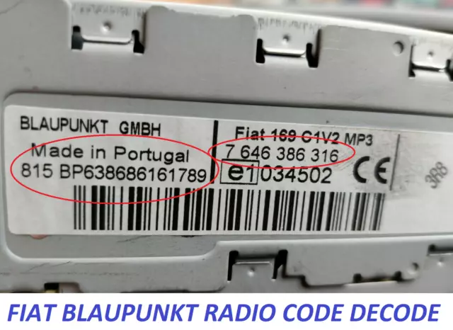 Fiat Radio Code Entsperrung zur Verfügung gestellt PUNTO PANDA DUCATO DOBLO BLAUPUNKT Sicherheitscode 3