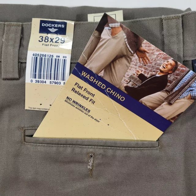 Dockers Men's 38x29 Washed Chino Flat Front Relaxed Fit Brown Dress Pants