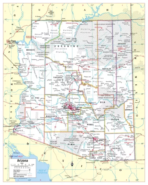 Arizona State Wall Map Large Print Poster - Laminated 24"x30"