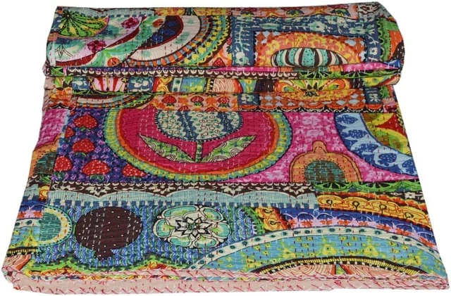 Indian Vintage Multicolor kantha Quilt Reversible Bedspread Hippie Kantha Throw