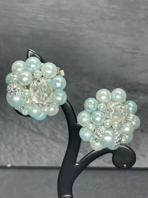 VTG 1960s Japan BLUE WHITE Clear Beaded & Faux Pearl Cluster Clip On Earrings 1”