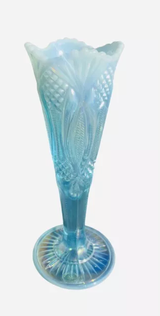 Mosser Fluted Vase Diamond Cut Blue Opalescent Carnival Glass 10.25” Vintage