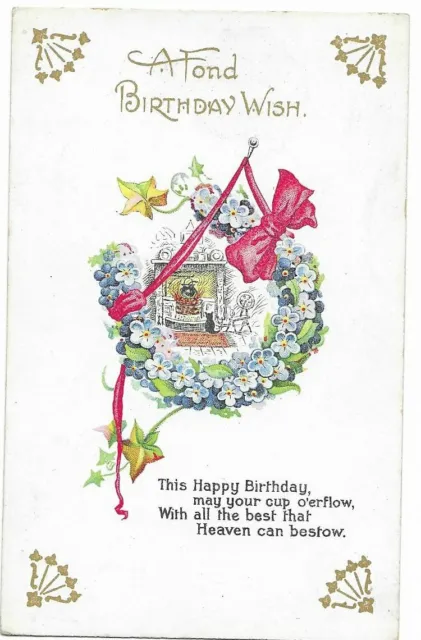 Vintage Birthday Greetings Postcard with Hearth, Spinning Wheel & Horseshoe