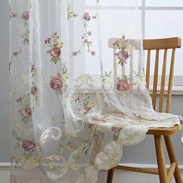 American Pastoral Rose Embroidered Window Screen Sheer Panel Bedroom Curtains