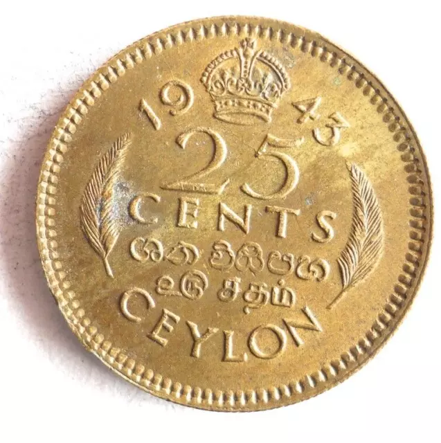 1943 CEYLON 25 CENTS - Excellent Coin - FREE SHIP - Bin #149