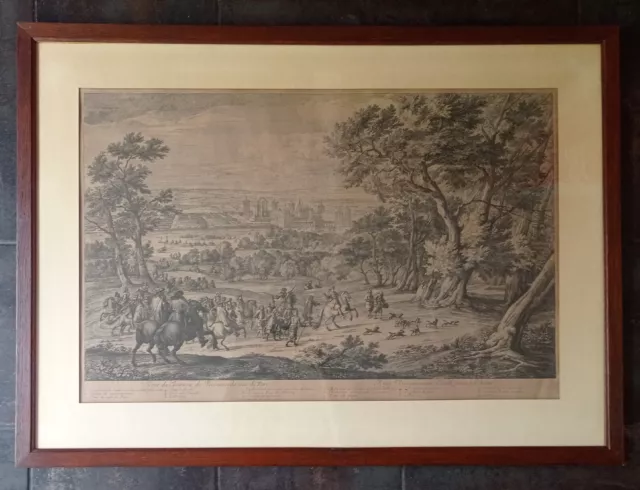 Van Der MEULEN Grande gravure. Vue château de Vincennes. Louis XIV chasse. XVIIe
