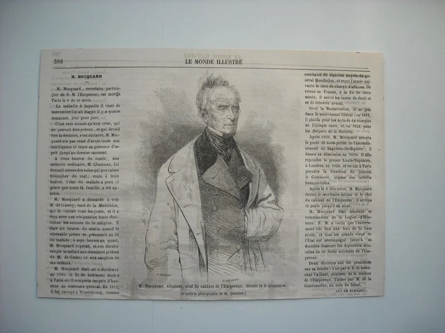 Gravure 1864. M. Mocquard, Senateur, Chef Cabinet De L’empereur, Ne A Bordeaux..