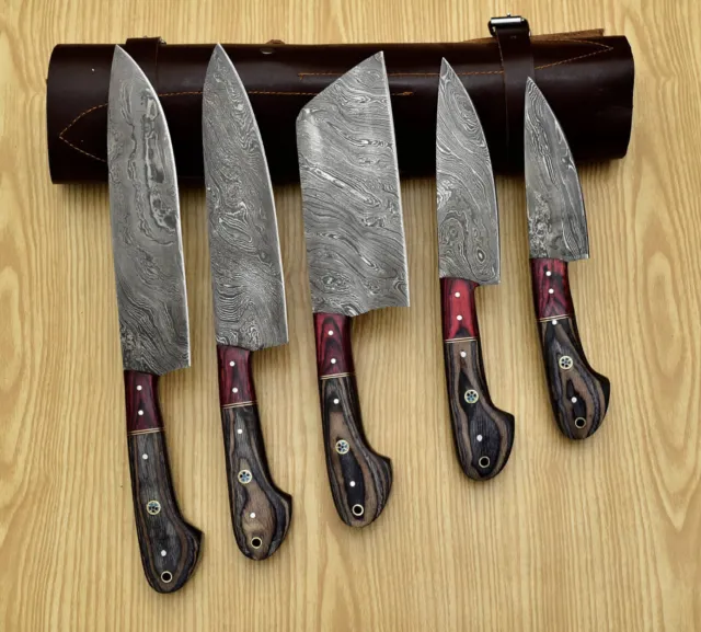 Küchenmesser-Damaststahl-Handgefertigte MesserSet Mit Lederschide