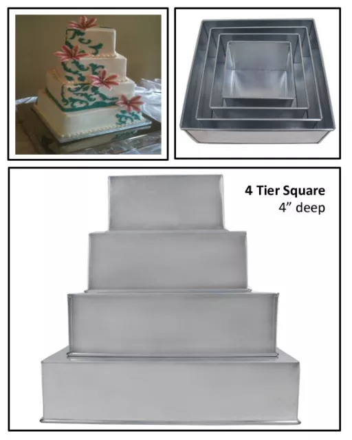 4 TIER HEAVY DUTY SQUARE CHRISTMAS CAKE TINS 6" 8" 10" 12"  (4" Deep)