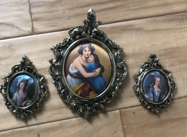 3 Ornate Cast Brass Oval Picture Frames, Italian Silk, Victorian Ladies, Mother