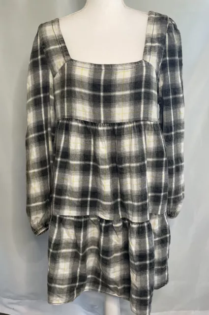 BP Womens Plaid Oversized Babydoll Dress Boho Black Ivory Striped Square Neck M