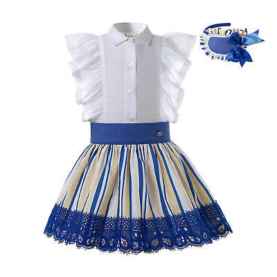 Striped Girls Spanish Shirt Skirt Set Formal Party Outfits With Headband Summer