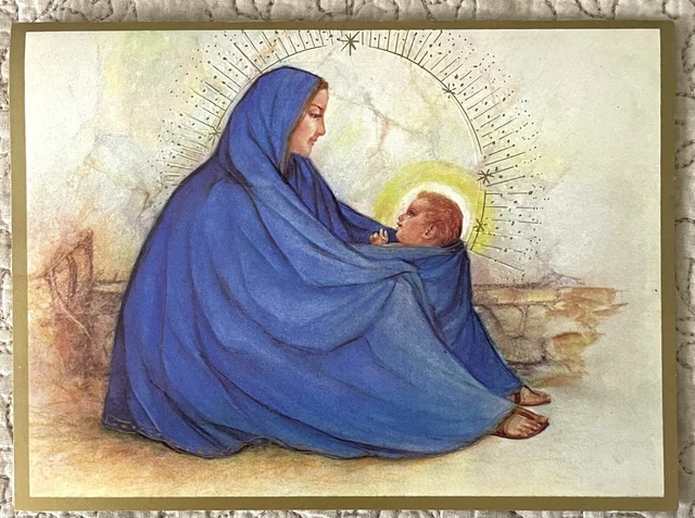 Unused Christmas Baby Jesus Mary Blue Robe Retro Vintage Greeting Card 1970s