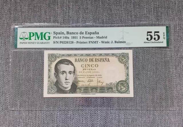 PMG 55AU SPAIN,Banco de España 1951-5 PESETAS-MADRID