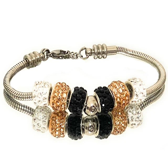 Bracciale da donna tipo pandora con charms zirconi in acciaio inox braccialetto