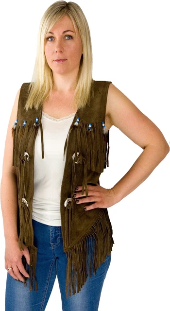 Gilet Veste Navajo En Cuir De Daim Avec Franges Et Perles - Vintage Années 80/90 - Taille S Femme