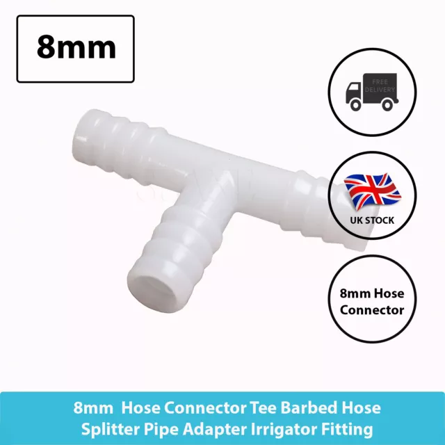 8mm Plastic Tee Hose Connector Joiner Barbed Equal Air Water Pipe Fittings