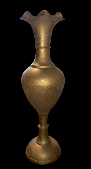MCM Vintage Brass Hand Etched Tulip Lily Vase 20" x 5”