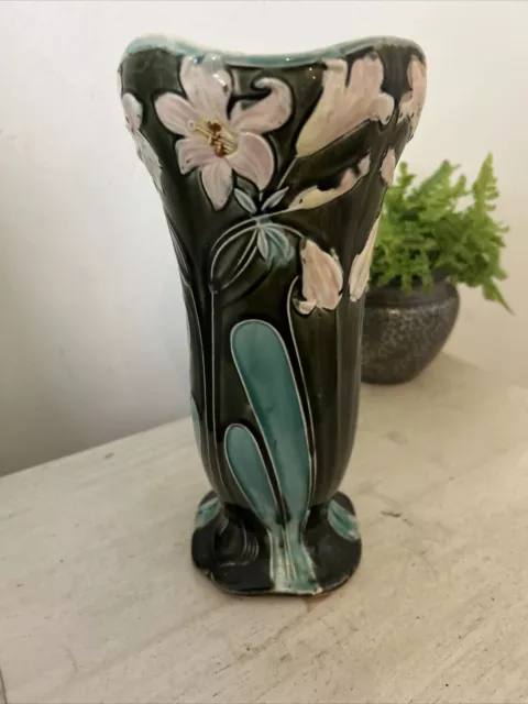 Art Nouveau Pottery Vase Tube Lined Numbered Floral Leaf Design