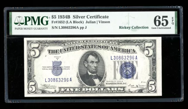 DBR 1934-B $5 Silver Fr. 1652 Vinson Gem LA Block PMG 65 EPQ Serial L30863296A