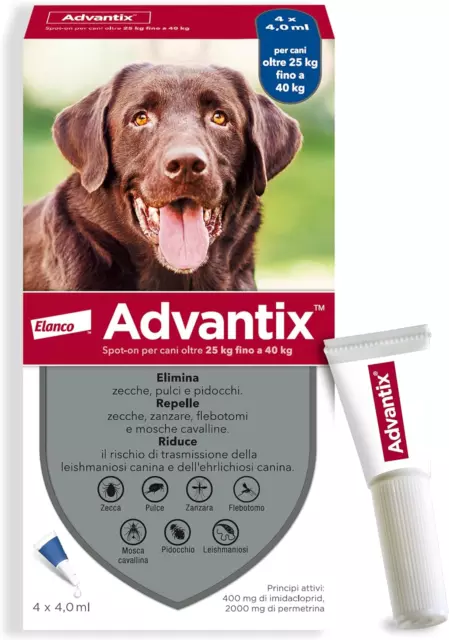 Advantix® Spot-On Antiparassitario per Cani Da 25 Kg a 40 Kg, 4 Pipette Da 4,0 M