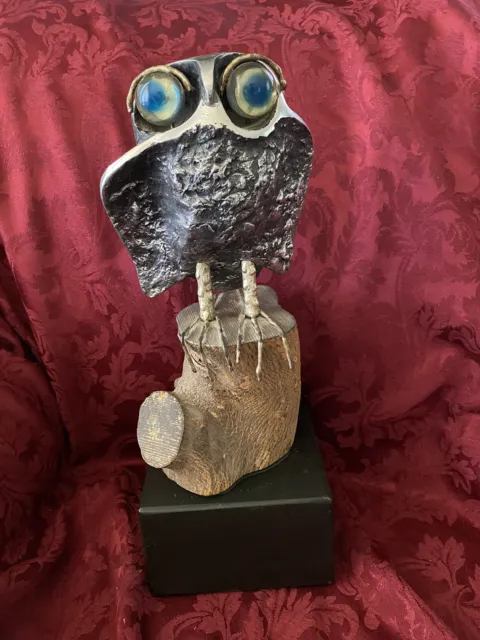 1970 Curtis Jere Brutalist Owl Cast Aluminum -Wood -Brass -Lucite -Sculpture