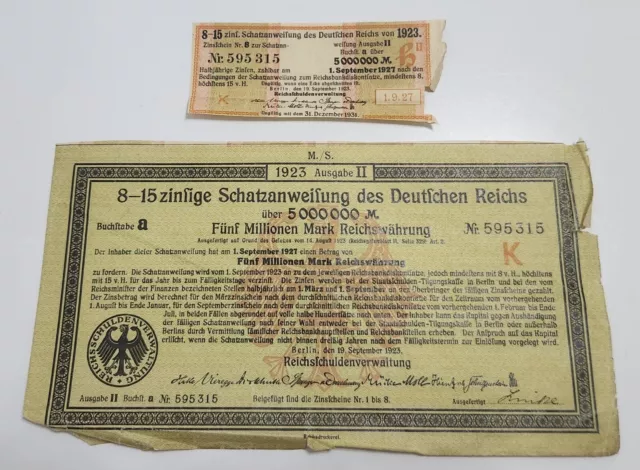 Germany 🇩🇪 Five Million Mark 5,000,000 Treasury Bond Note & One Coupon 1923