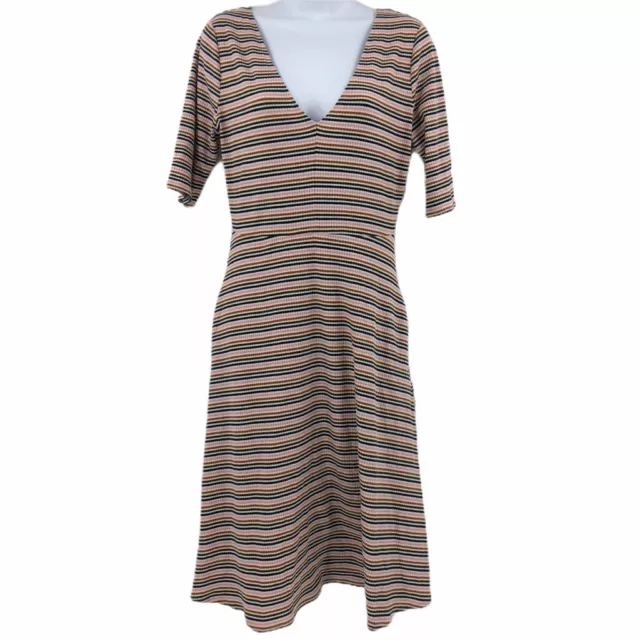 Socialite Womens Ribbed Midi Dress Pink Stripe Stretch V Neck Short Sleeve S New