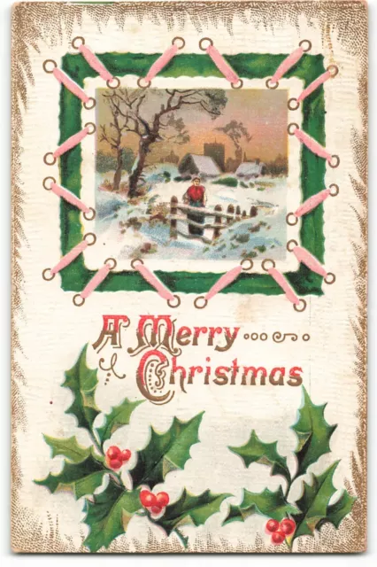 Postcard 1911 A Merry Christmas  Lady Winter Home Scenic View Embossed VTG ME2.