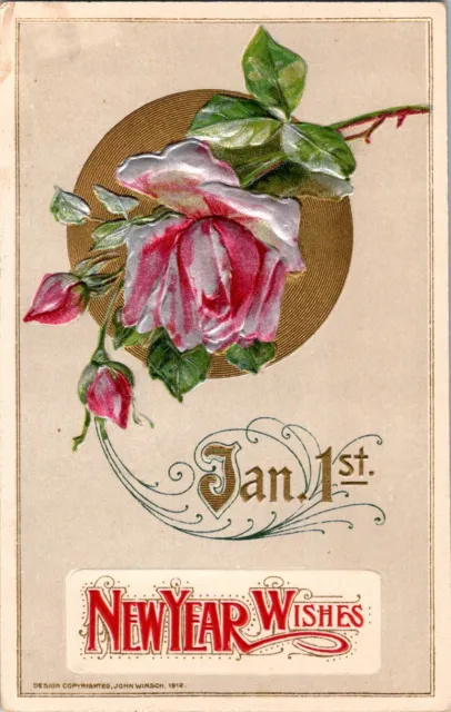 Postcard New Year Wishes Roses Gold Trim Winsch 1912