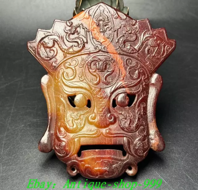 3.5" Old China Han Dynasty Natural Hetian Jade Dragon Beast Face Head YuBi Yu Bi