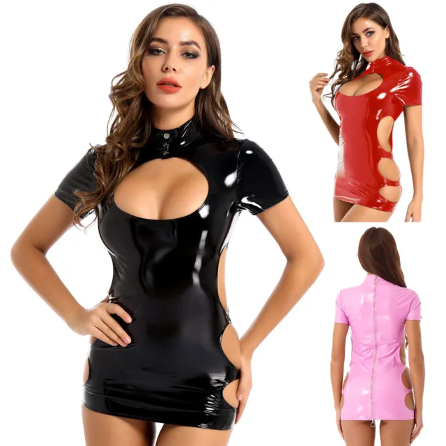 Sexy Women PVC Leather WetLook Bodycon Mini Dress Lingerie Set G-string Clubwear
