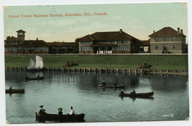 Allandale  Railway Station Barrie ON Canada Vintage Postcard Lake Simcoe boating