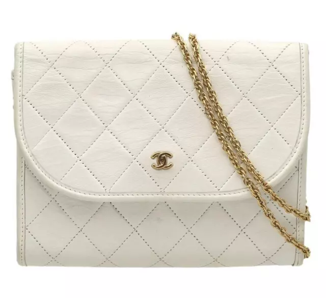 CHANEL Matelasse CC Chain Shoulder Bag Leather White Ex++ 230502T