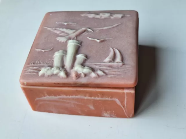 Soapstone  Carved Signed Trinket Box With Lid Pink Tones Marble Effect  10cm