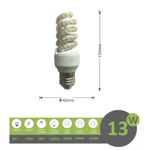 Lampadina led E27 13w spirale vortice luce attacco grande bianca naturale calda