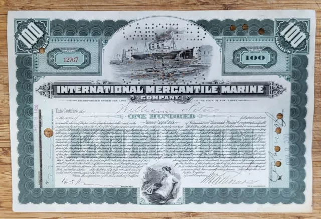 Stock Certificate International Mercantile Marine 100 Shares Grey Built Titanic