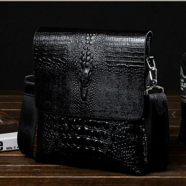 Men's Sling Shoulder Bag Leather Black Crocodile Crossbody Bag 10" Messenger Bag 3