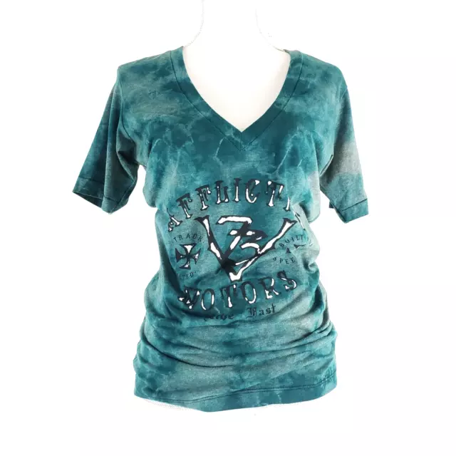 Affliction Motors Womens SIZE XL T-Shirt Green Tie Dye Short Sleeve V-Neck Shirt