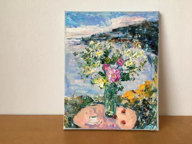 Stillleben mit Blumen Ölgemälde auf Leinwand Sommerlandschaft Wandkunst Dekor