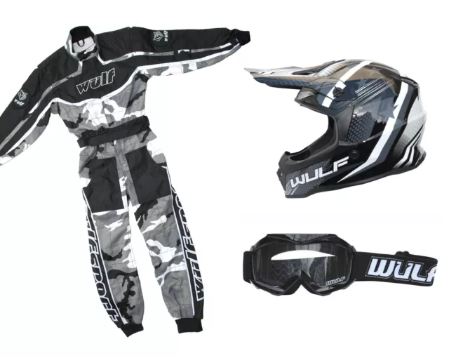 Kids Wulfsport Wulf MX Quad Motocross Overall Helmet Goggle Black Camo Set #O4