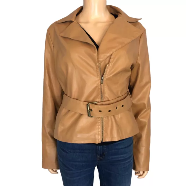 90s Y2K Wet Seal Womens Faux Leather Moto Jacket Camel Brown Belted Size XL