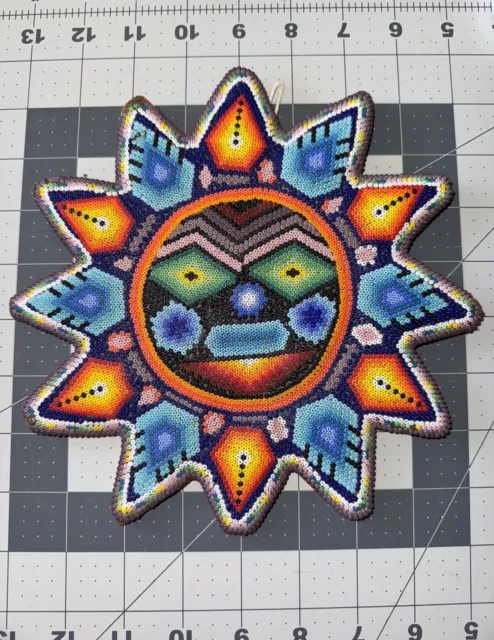 Vintage Huichol Mexican Folk Art Hand Beaded Wall Hanging Sun on Wood 8” X 8”