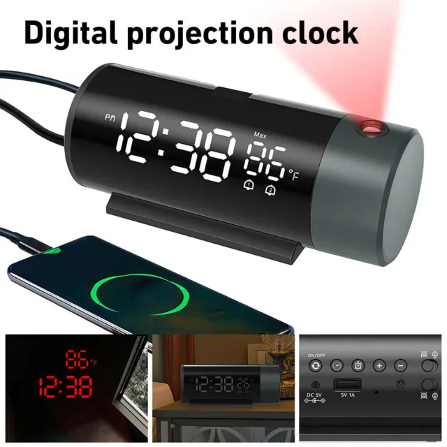 Digital Projektionswecker mit Temperatur und Zeit USB Uhr Dimmen 180° 2 Schlumme